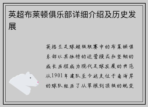 英超布莱顿俱乐部详细介绍及历史发展