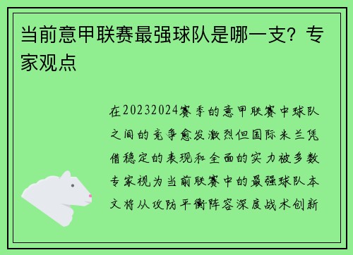 当前意甲联赛最强球队是哪一支？专家观点